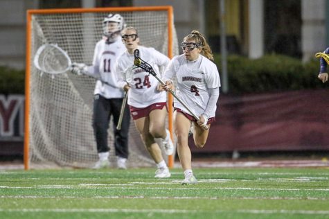 Freshman defender Lindsay Geiger takes a defensive turnover up the field in last weeks close game against Colgate. (Photo courtesy of GoLeopards)