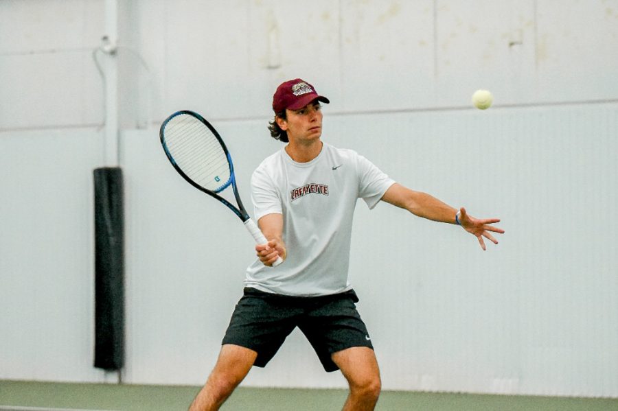 Junior Nash Lovallo participating in a doubles match against Bucknell last weekend. (Photo courtesy of GoLeopards)