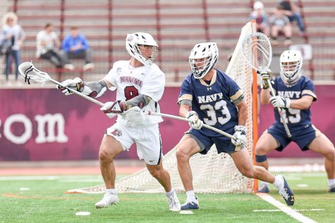 Despite multiple efforts from the Lafayette offense including a hat trick from Cole Dutton 22, the Leopards fell to Navy last week during their senior game. (Photo courtesy of GoLeopards)