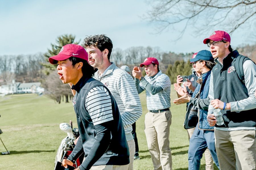 The golf team celebrates after they battled back from fourth place to a second place finish at the ABARTA Invitational. (Photo courtesy of GoLeopards)