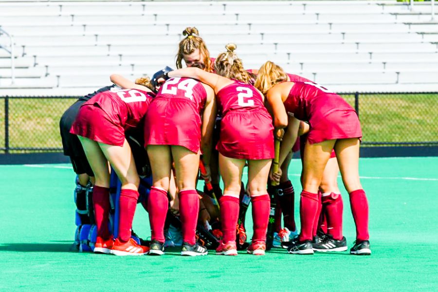 Field hockey huddles to discuss strategy during a game this past weekend. (Photo courtesy of GoLeopards)