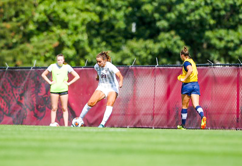 Freshman forward Karina Santelli controls the ball during Lafayettes 1-1 draw with NJIT. She scored her first collegiate goal during this match.
(Photo courtesy of GoLeopards) 