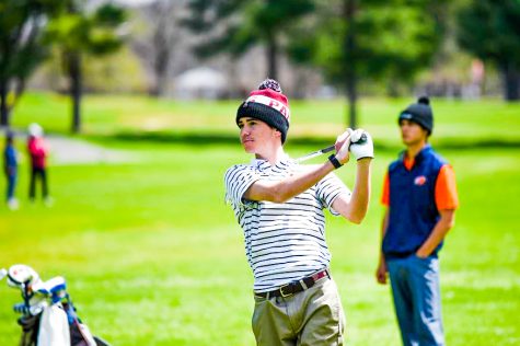 Michael Walsh looks on as his iron shot floats towards the green during the Leopards eighth place finish at the Gimmler invitational. 
(Photo courtesy of GoLeopards)