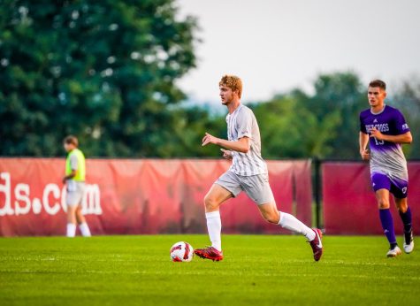 Sophomore defender and defensive player of the week Eoin Martin takes it up the pitch for the Leopards during his strong performance against Holy Cross. 
(Photo courtesy of GoLeopards)