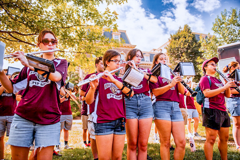 The Lafayette Pep Band performs in front of Pardee. (Photo courtesy of Lafayette Communications)