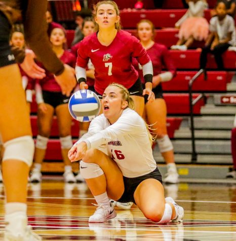 Junior libero Katie Weston digs out a ball during Lafayettes three-set loss to Colgate. 
(Photo by Rick Smith for GoLeopards)