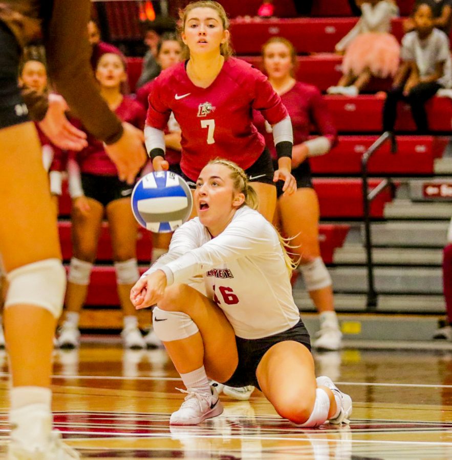 Junior+libero+Katie+Weston+digs+out+a+ball+during+Lafayettes+three-set+loss+to+Colgate.+%0A%28Photo+by+Rick+Smith+for+GoLeopards%29
