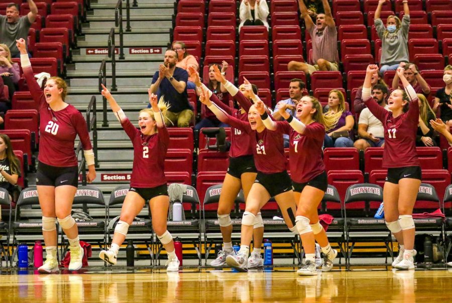 Volleyball celebrates their 3-1 win against rival Lehigh last weekend. (Photo by Rick Smith for GoLeopards)