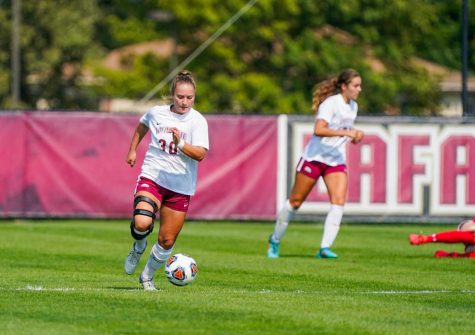 Senior forward Sara Oswald takes it up the pitch as the Leopards look to score during their 2-2 tie with American University. 
(Photo courtesy of GoLeopards)