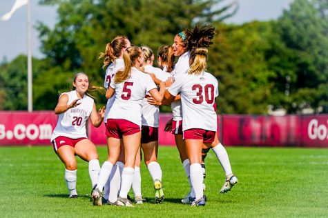 The Leopards jump together in celebration of freshman April McDonalds first career goal against St. Peters. (Photo by Trent Weaver for GoLeopards)