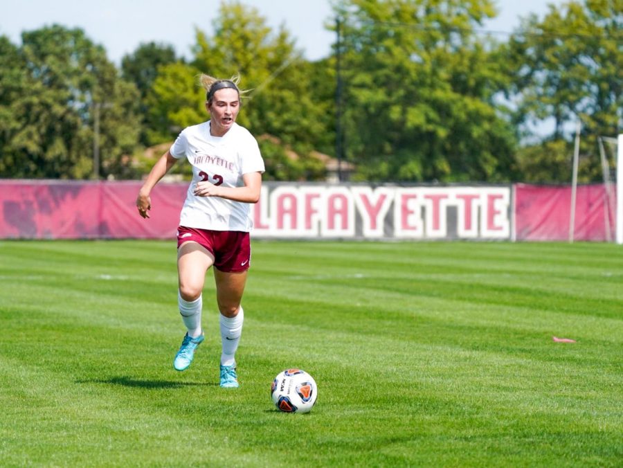 Freshman April McDonald sends the ball into the box in the third minute of Lafayettes tie against Colgate. 
(Photo courtesy of GoLeopards)