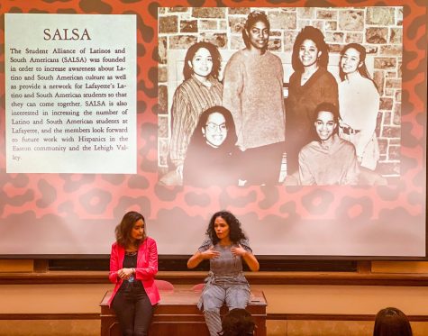 Tinabeth Piña 93 (left) and Gina Arias 93 (right) spoke about their time at Lafayette during a Latinx Heritage Month event this past Tuesday. (Photo by Rob Young)