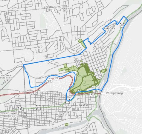 The colleges properties, highlighted in green, make up a sizable portion of the College Hill neighborhood, outlined in blue. (Screenshot courtesy of Northampton County Assessors Office, edited by Trebor Maitin 24)