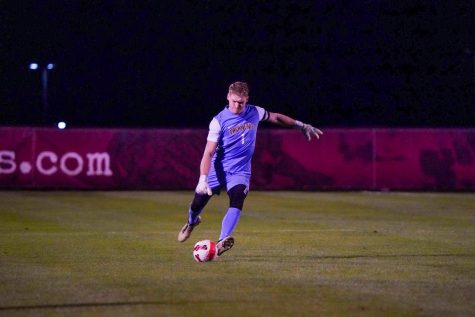 Senior Alex Sutton clears the ball during his masterful eight-save performance in the Leopards 1-0 win over Bucknell. 
(Photo courtesy of GoLeopards)