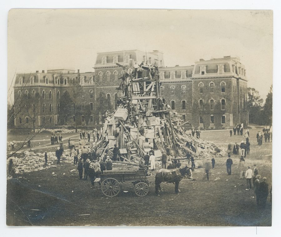 Previous Rivalry Week traditions included erecting sky-high bonfires on the center of the Quad. (Photo courtesy of the College Archives)