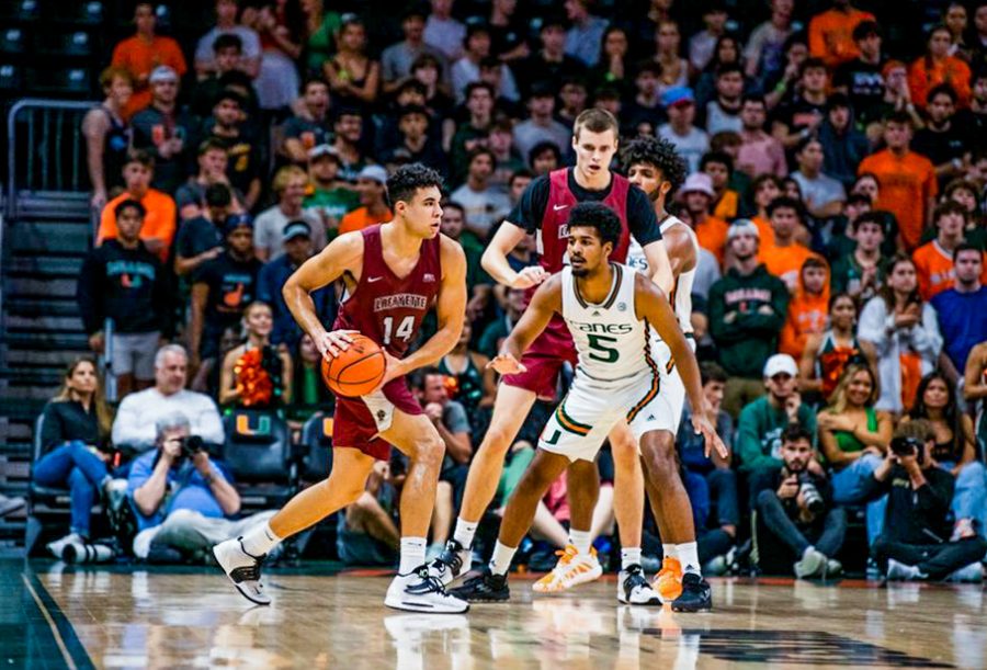 Junior+forward+Kyle+Jenkins+controls+the+ball+during+the+game+against+Miami.+%28Photo+by+Gabe+Sareli+for+the+University+of+Miami%29
