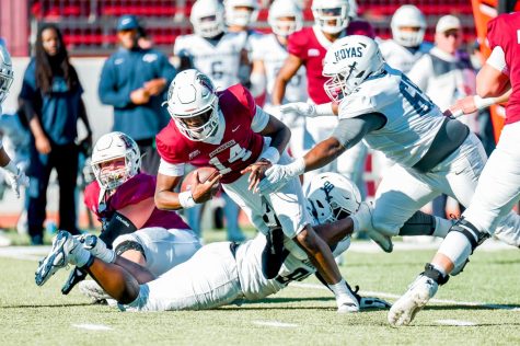 Sophomore QB Ah-Shaun Davis is brought down for a sack during the Leopards loss to Georgetown. 
(Photo courtesy of Hannah Ally for GoLeopards). 