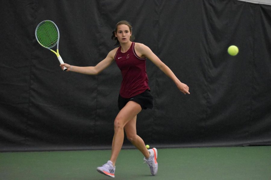 Sophomore Olivia Boeckman uses the forehand during the Leopards matchup. (Photo courtesy of GoLeopards)