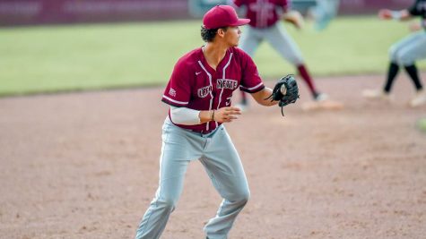 Senior infielder Seif Ingram throws across the diamond during the second game of Saturdays double-header.
(Photo courtesy of GoLeopards)