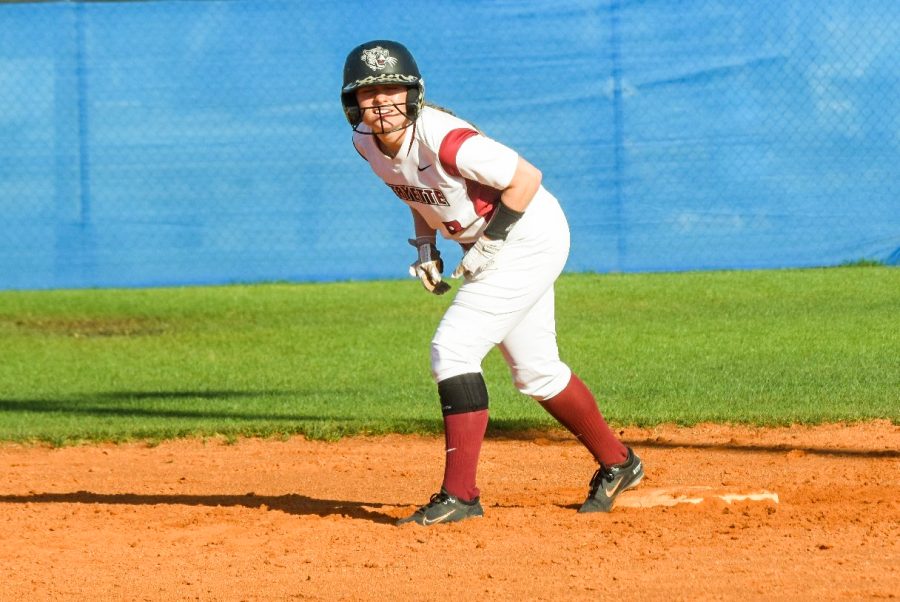 Junior utility player Paige Sandidge leads off first base during Lafayettes victory over Mount St. Marys. (Photo courtesy of GoLeopards)