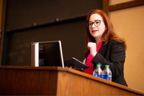 Maria Fernanda Espinosa Garcés spoke to students individually about sexism in her line of work. (Photo by Adam Atkinson for Lafayette College Communications)