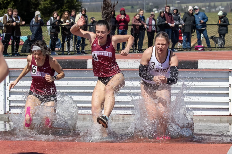 Rachel+Hurley+23+and+Nina+McCloskey+26+compete+in+the+steeple+chase+at+the+Lafayette-Lehigh+dual+meet.+%28Photo+courtesy+of+Lily+Dineen+24%29