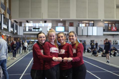 Team members pose after a strong 4x400 performance at the 2023 indoor Patriot League Championships. (Photo courtesy of Lily Dineen 24)