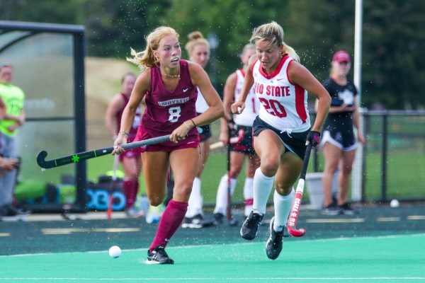 Junior Lineke Spaans drives up the field against Ohio State. (Photo courtesy of GoLeopards)