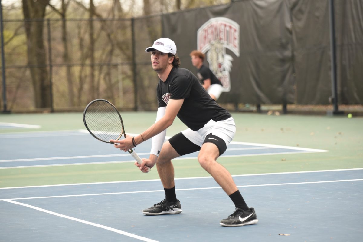Sophomore Jake Magnusson gets set to receive in the first round of the Bucknell Invitational. 
(Photo by Hannah Ally for GoLeopards)