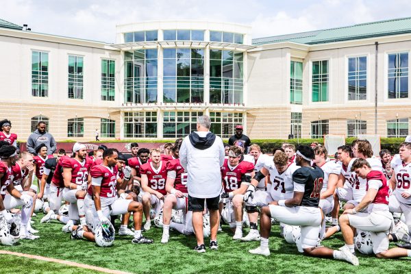 Head football coach John Troxell addresses the team after the spring Maroon and White scrimmage. (Photo courtesy of GoLeopards)