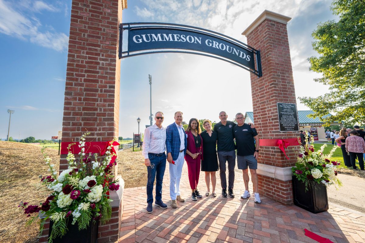 Members of Lafayette leadership, coaches and donors unveiled the new Gummeson Grounds at Metzgar Field Complex. (Photo by Ryan Hulvat for GoLeopards)