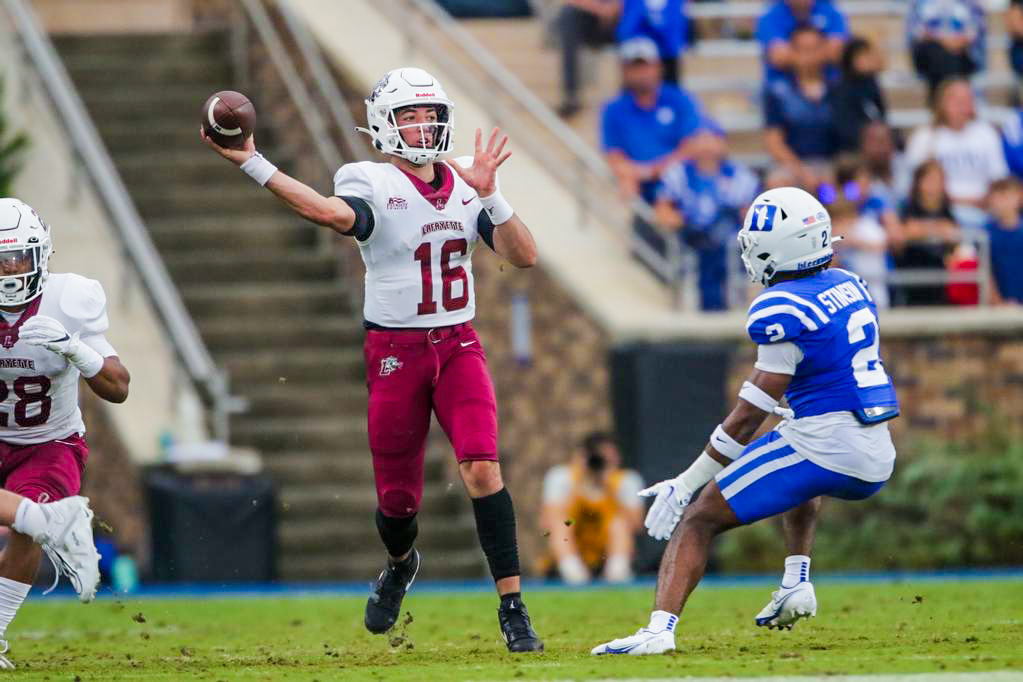 Sophomore+quarterback+Dean+DeNobile+throws+the+ball+against+Duke.%0A%28Photo+by+Rick+Smith+for+GoLeopards%29