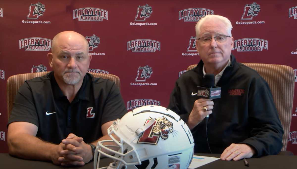 Mike Joseph 88  and Gary Laubach make up half of the broadcasting team. (Photo courtesy of Lafayette Athletics on Youtube)