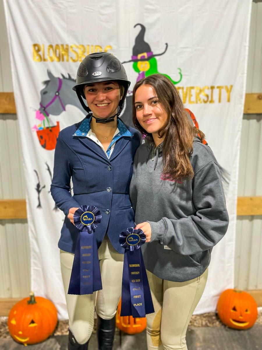 Freshmen members of the equestrian team Ava Gustafson and Meena Hosaisy took first in their classes during the Bloomsburg Show. (Photo courtesy of Emma Sylvester 25)