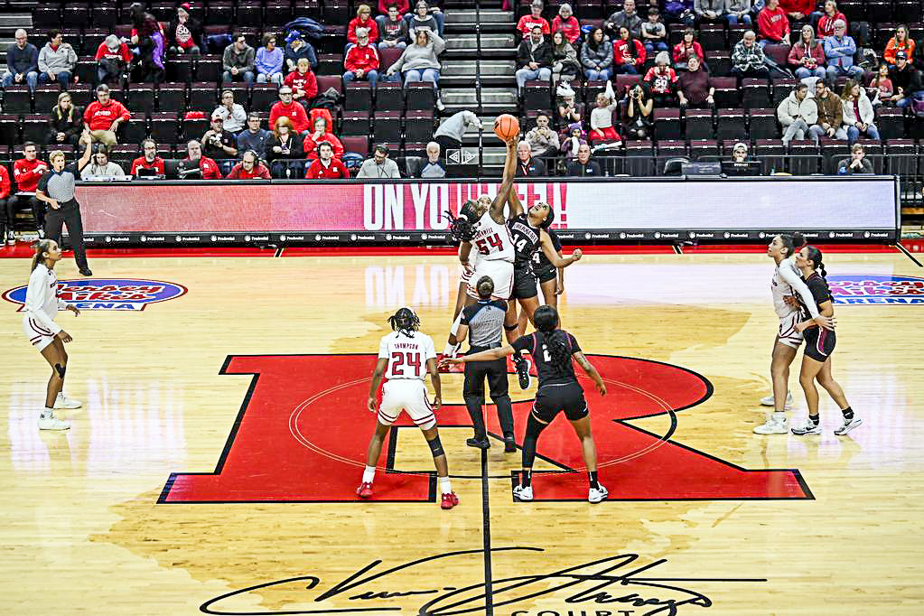 Senior forward Kayla Drummond tips off the game against Rutgers. (Photo by Cos Lymperopoulos for Rutgers Athletics)