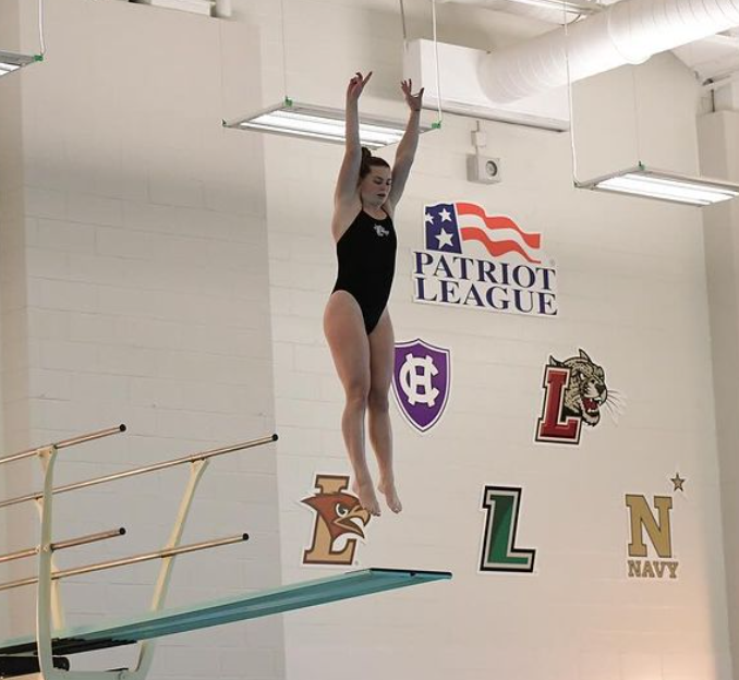 Freshman Mia Guster broke a school record in the 1-meter dive in the Leopards meet at Navy. (Photo courtesy of @lafayetteswimdive on Instagram)