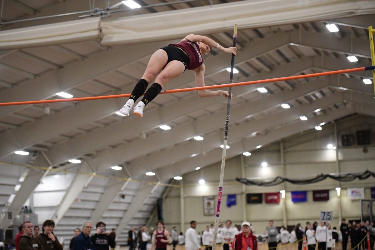 Sophomore Isabella Allen vaults during Lafayettes dual meet against Lehigh. (Photo by Hannah Ally for GoLeopards)