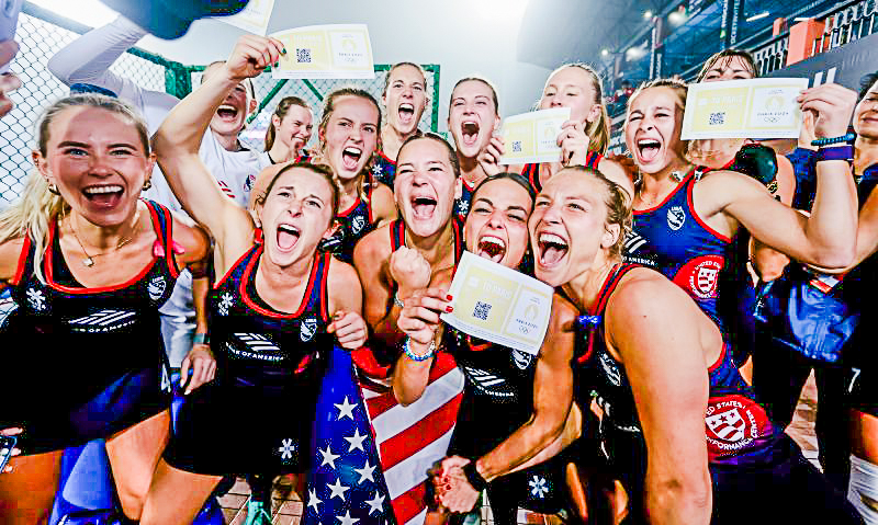 Amanda Golini 17 celebrates with the U.S. National Field Hockey team after clinching an Olympic berth. (Photo courtesy of Lafayette College on Linkedin)