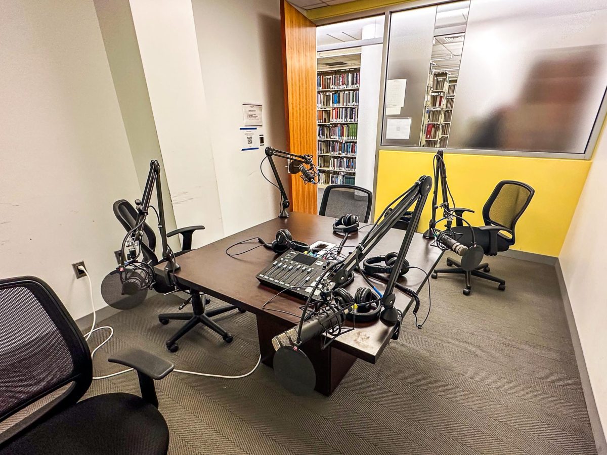 The podcast studio is located in the basement of Skillman Library.