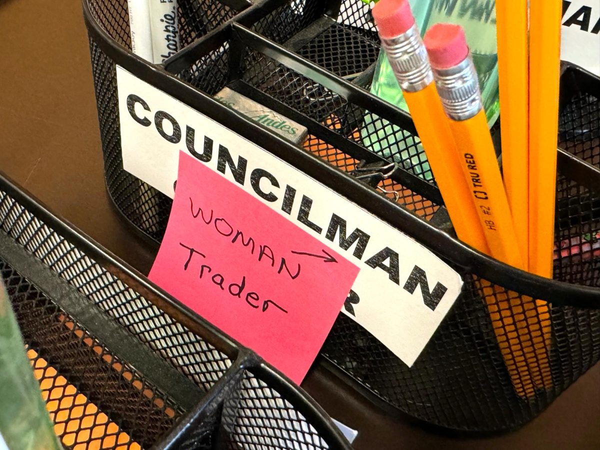 The modified label of a councilwoman’s desk organizer in Easton, Kansas.
