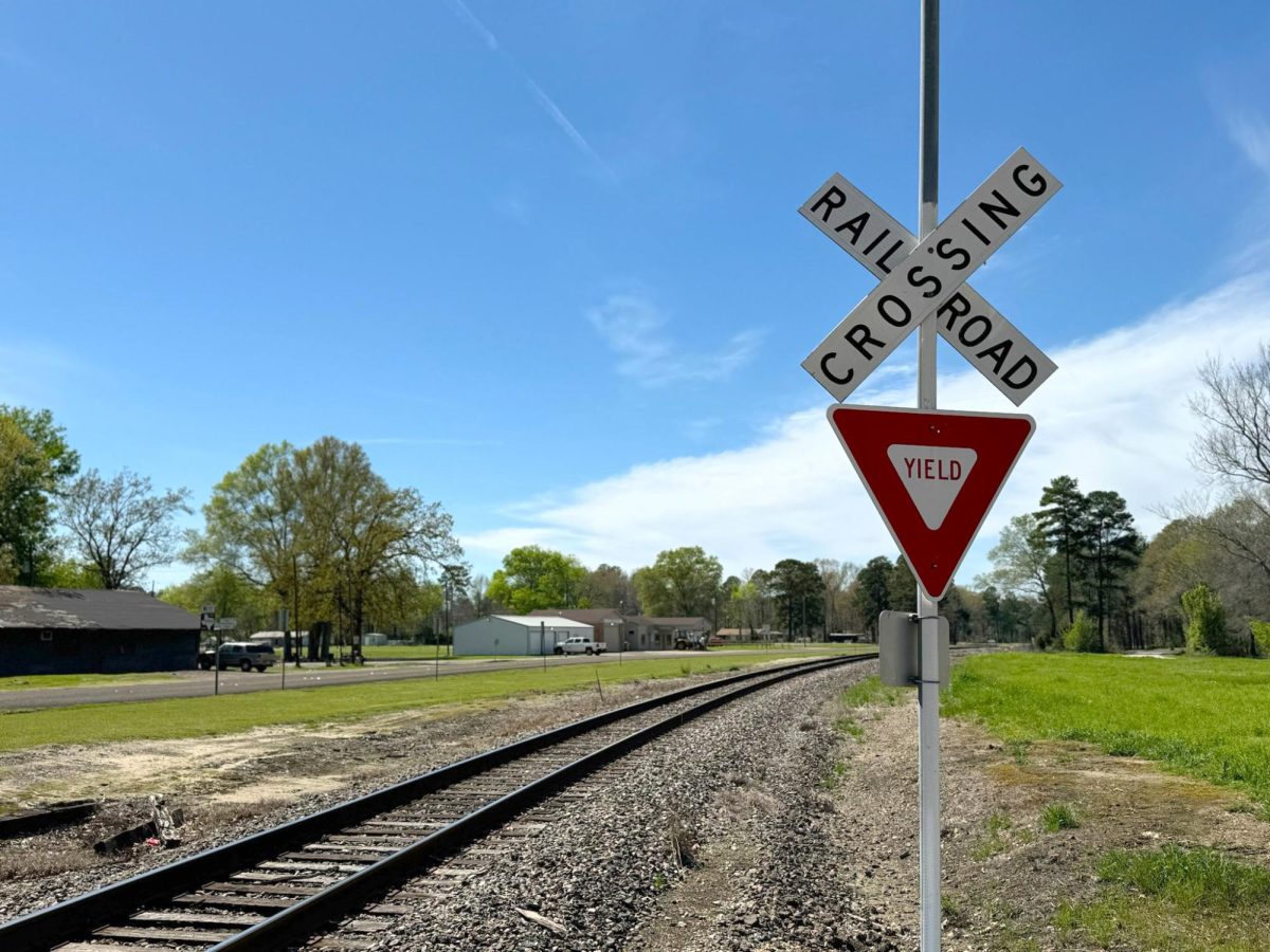Train tracks slice through the middle of Easton, Texas.
