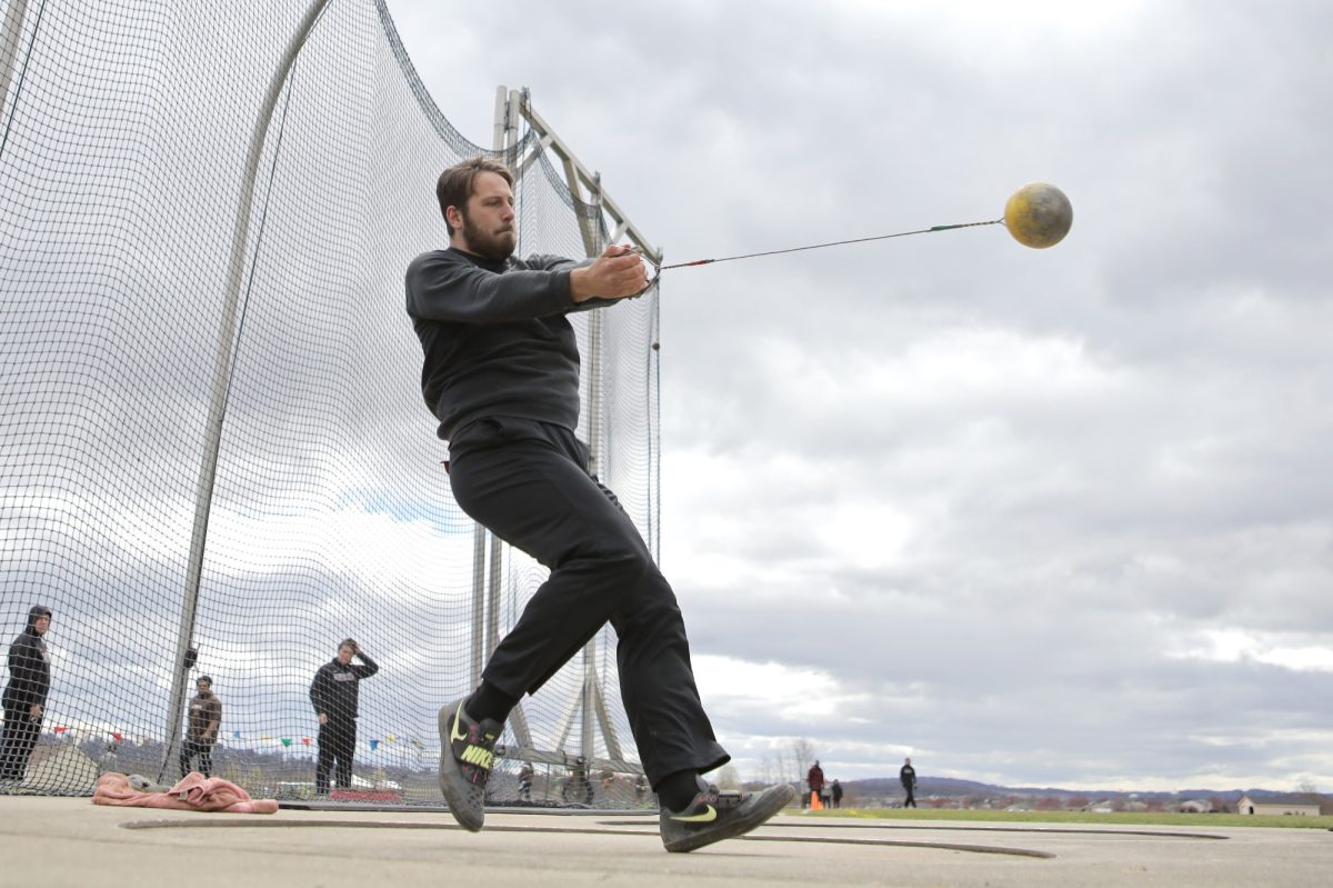 Senior thrower Andrew Bowsher throws on April 6 against Lehigh. (Photo by Rick Smith for GoLeopards)