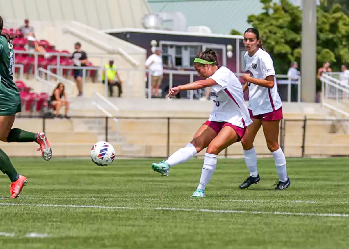 Senior midfielder Ani Khachadourian shoots against Siena College on Aug. 15. (Photo by Rick Smith for GoLeopards)