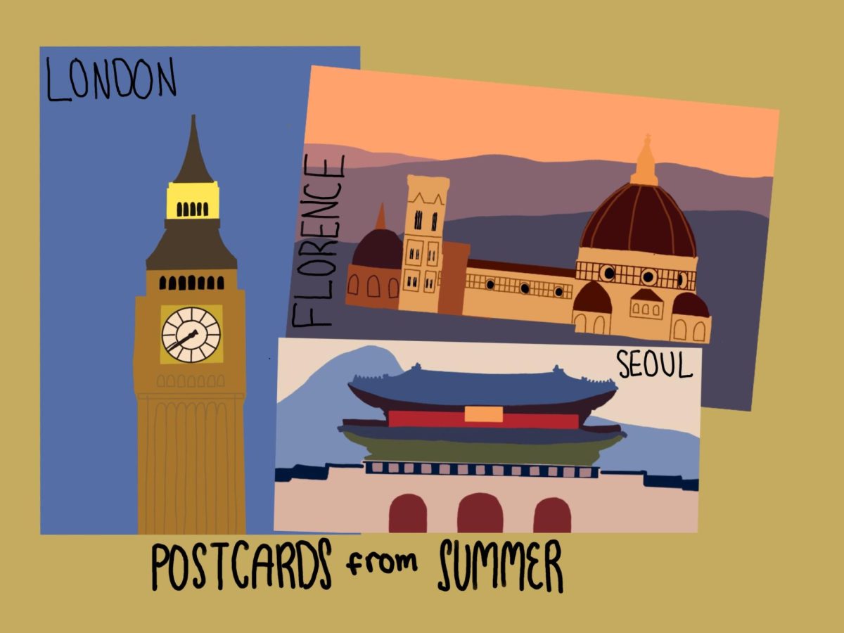 Students visited famous landmarks during summer study abroad. (Graphic by Naomi Shertzer '25)