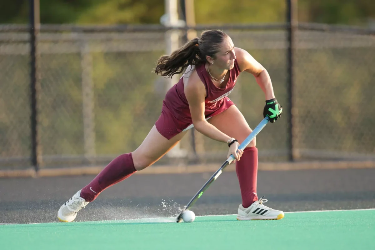 Sophomore defender Katie Gibb looks to make a pass in the Leopards' Sept. 13 win against Quinnipiac. (Photo by Rick Smith for GoLeopards)