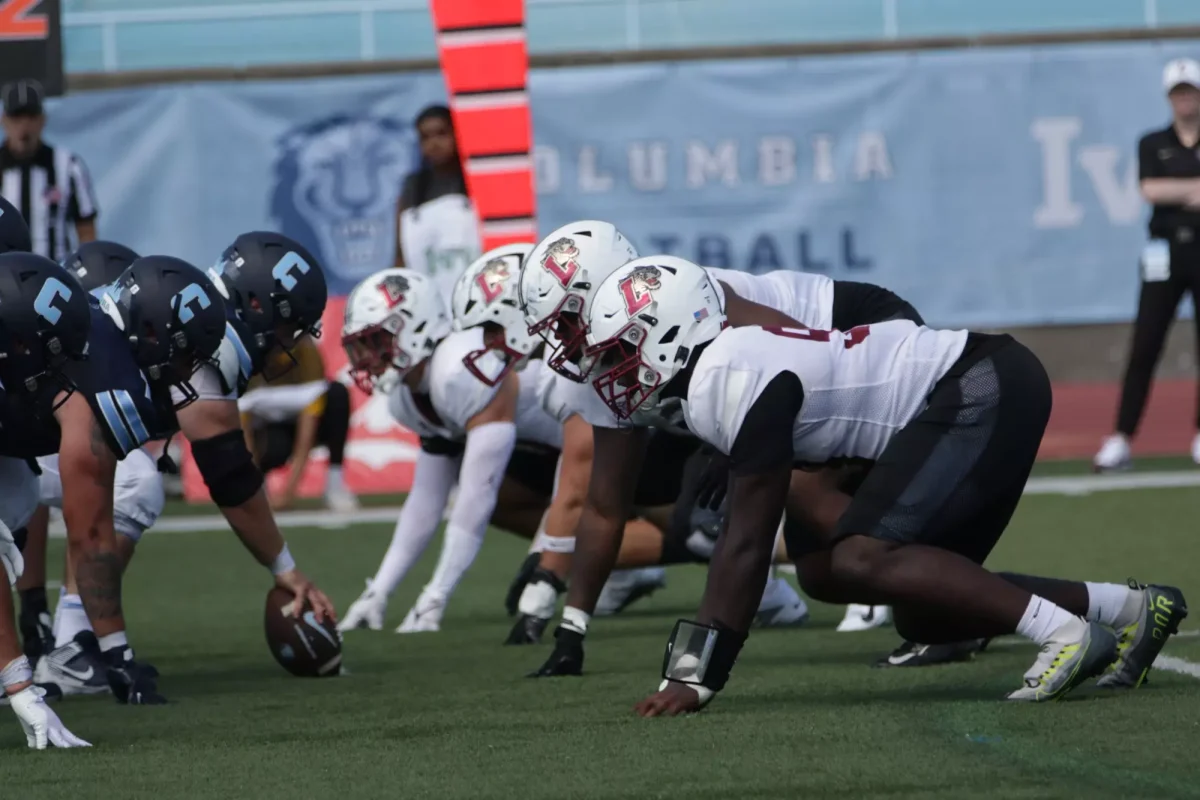 The Leopards defensive line readies to pounce on the Columbia offense. (Photo by Hana Ishihara for GoLeopards)