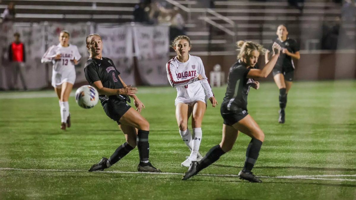 Senior midfielder Michaela Salvati reacts to a Colgate shot on Saturday. (Photo courtesy of Colgate Athletics)