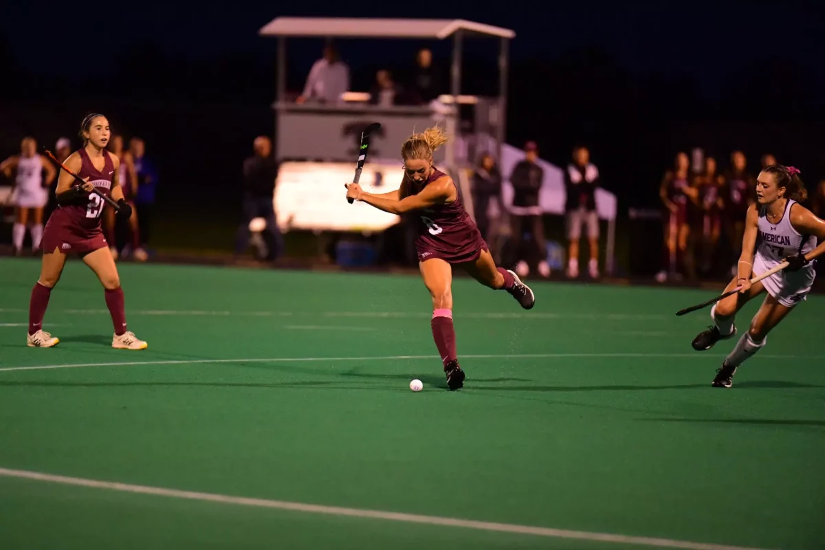 Senior midfielder Lineke Spaans winds up to advance the ball against Patriot League rival American University last Friday. (Photo by Hannah Ally for GoLeopards)