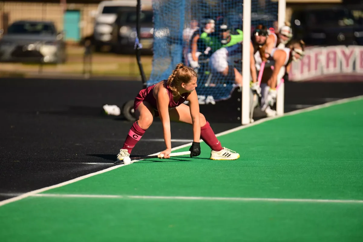 Senior defender India Ralph prepares to inbound a penalty corner against Temple University on Sunday. (Photo by Hannah Ally for GoLeopards)