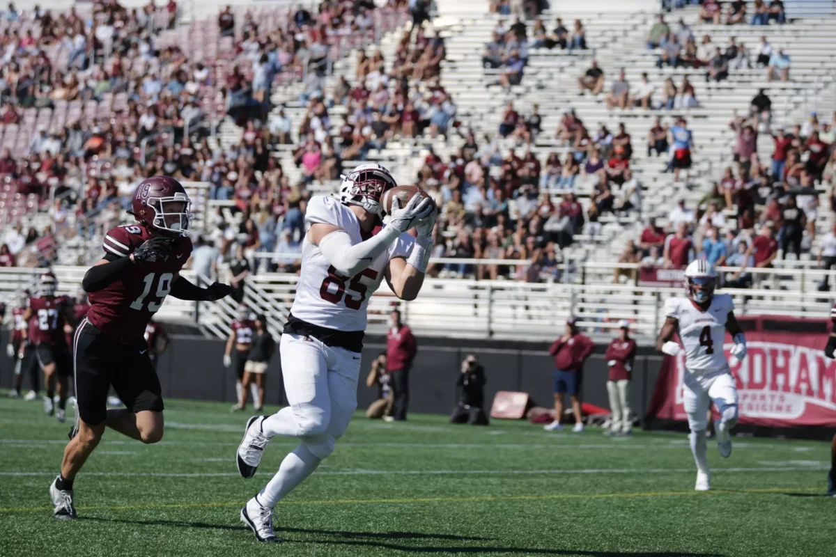 Sophomore tight end Ethan Hosak brings in a catch against Fordham University on Saturday. (Photo by Rick Smith for GoLeopards)